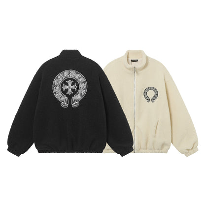 Chrome Hearts Horseshoe Embroidered Sherpa Jacket - Black Cream Gothic Coat 825