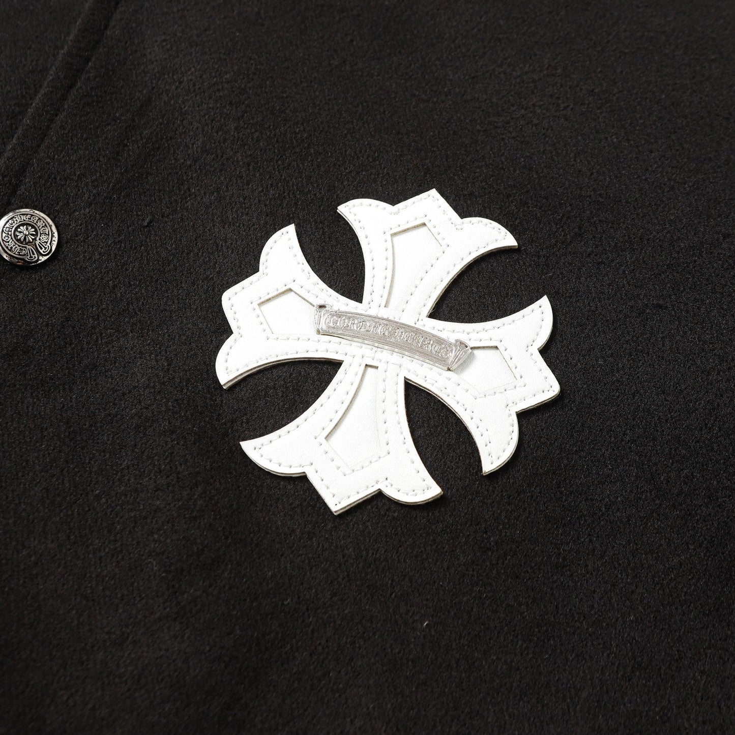 Chrome Hearts Cross Embroidered Leather Sleeve Varsity Jacket - Black Street Style 116